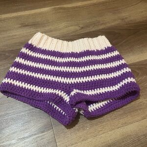 Purple and Cream Striped Women Shorts Handmade